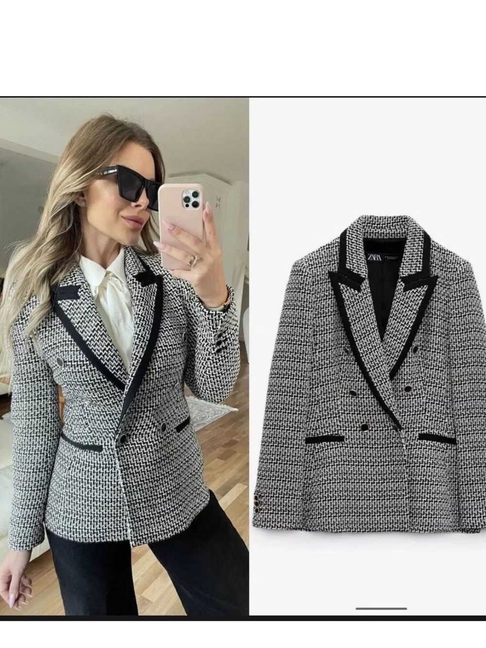 ZARA Black & White Tweed Blazer Double Breasted Contrast Black Trim M